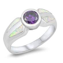 Load image into Gallery viewer, Sterling Silver Round White Lab Opal Rings With Blue Sapphire CZ StoneAnd Face Height 8mmAnd Face Width 19mm
