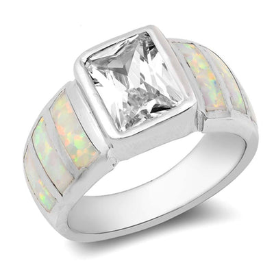 Sterling Silver Rectangle Shape White Lab Opal RingsAnd Face Height 11mmAnd Face Width 21mm