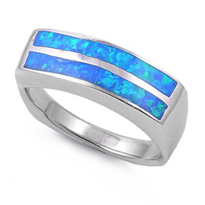 Sterling Silver Blue Wedding Band Lab Opal RingsAnd Face Height 6mmAnd Face Width 19mm
