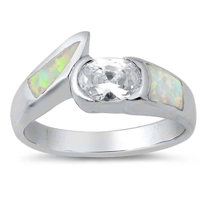 Sterling Silver Curve Shape White Lab Opal Rings With CZ StoneAnd Face Height 12mm