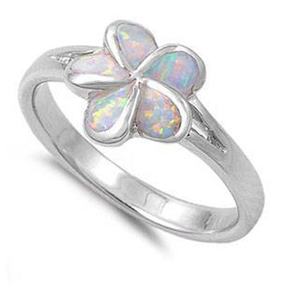 Sterling Silver Plumeria Shape White Lab Opal RingsAnd Face Height 12mm