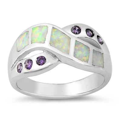 Sterling Silver Infinity White Lab Opal Rings With Blue Sapphire CZ StonesAnd Face Height 11mmAnd Face Width 21mm