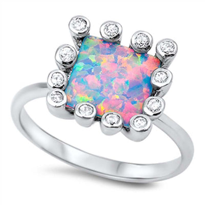 Sterling Silver Square Shape Pink Lab Opal Rings With CZ StonesAnd Face Height 13mm