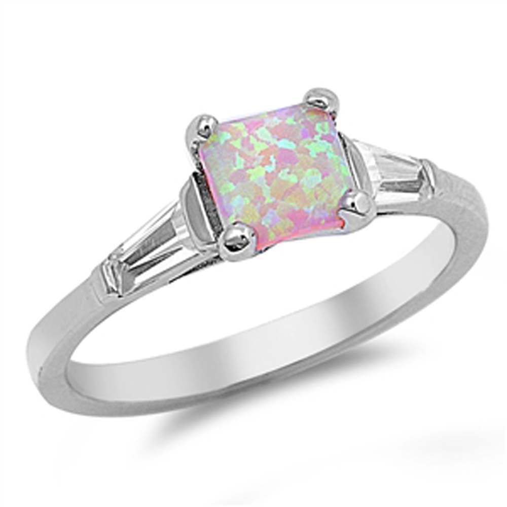 Sterling Silver Square Shape Pink Lab Opal Rings With CZ StonesAnd Face Height 7mm