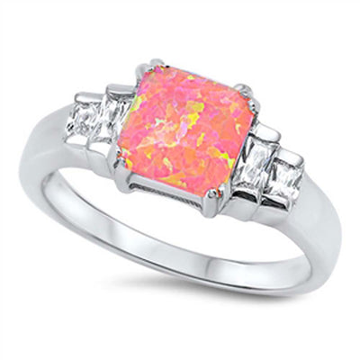 Sterling Silver Square Shape Pink Lab Opal Rings With CZ StonesAnd Face Height 7mm