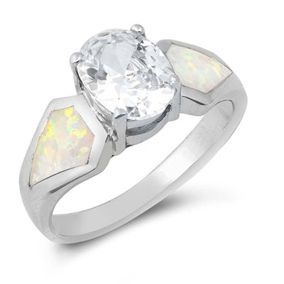 Sterling Silver Pear Shape White Lab Opal Rings With CZ StonesAnd Face Height 9mmAnd Band Width 3mm