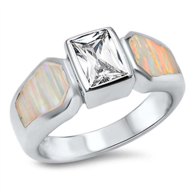 Sterling Silver Square Shape White Lab Opal Rings With CZ StoneAnd Face Height 9mmAnd Band Width 4mm