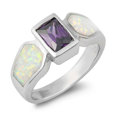 Sterling Silver Square Shape White Lab Opal Rings With Blue Sappphire StoneAnd Face Height 9mmAnd Band Width 4mm
