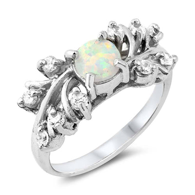 Sterling Silver Round And Leaf Shape White Lab Opal RingsAnd Face Height 9mmAnd Band Width 2mm
