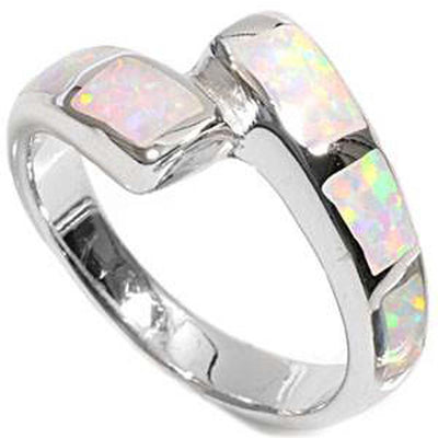 Sterling Silver Curve Shape White Lab Opal RingsAnd Face Height 12mmAnd Band Width 3mm