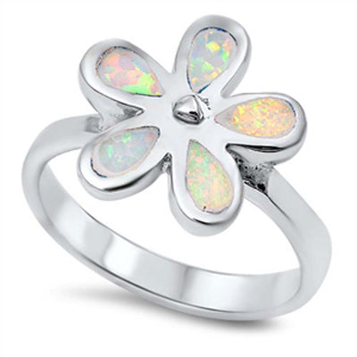 Sterling Silver Plumeria White Lab Opal RingsAnd Face Height 15mmAnd Band Width 3mm
