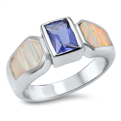 Sterling Silver Rectangle Shape White Lab Opal Rings With Blue SapphireAnd Face Height 8mmAnd Band Width 4mm