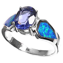 Load image into Gallery viewer, Sterling Silver Oval Shape Blue Lab Opal Rings With Blue SapphireAnd Face Height 9mmAnd Band Width 3mm