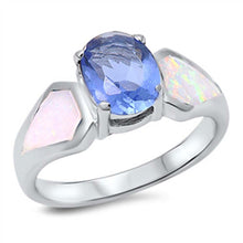 Load image into Gallery viewer, Sterling Silver Oval Shape White Lab Opal Rings With Blue SapphireAnd Face Height 9mmAnd Band Width 3mm