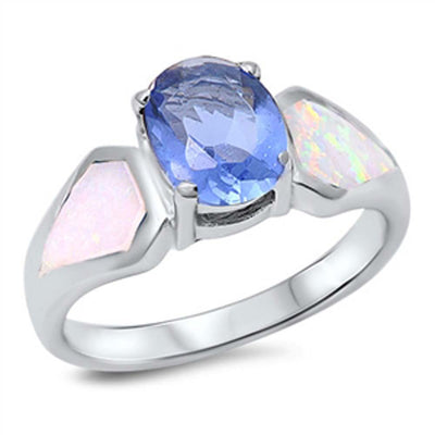 Sterling Silver Oval Shape White Lab Opal Rings With Blue SapphireAnd Face Height 9mmAnd Band Width 3mm
