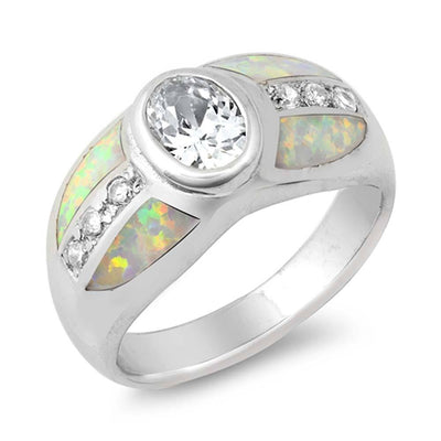 Sterling Silver Oval White Lab Opal Rings With CZ StonesAnd Face Height 12mm