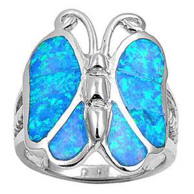 Sterling Silver Butterfly Shape Blue Lab Opal RingsAnd Face Height 24mmAnd Band Width 2mm