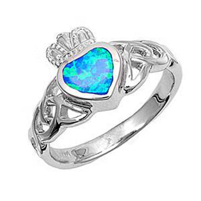 Sterling Silver Claddagh Blue Lab Opal RingsAnd Face Height 12mmAnd Band Width 3mm