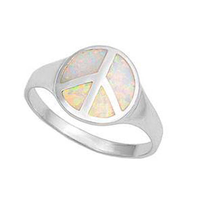 Sterling Silver Rhodium Plated Lab White Opal Peace Sign Ring