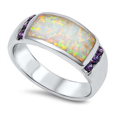 Sterling Silver Wedding Band White Lab Opal Rings With Amethyst CZAnd Face Height 9mm