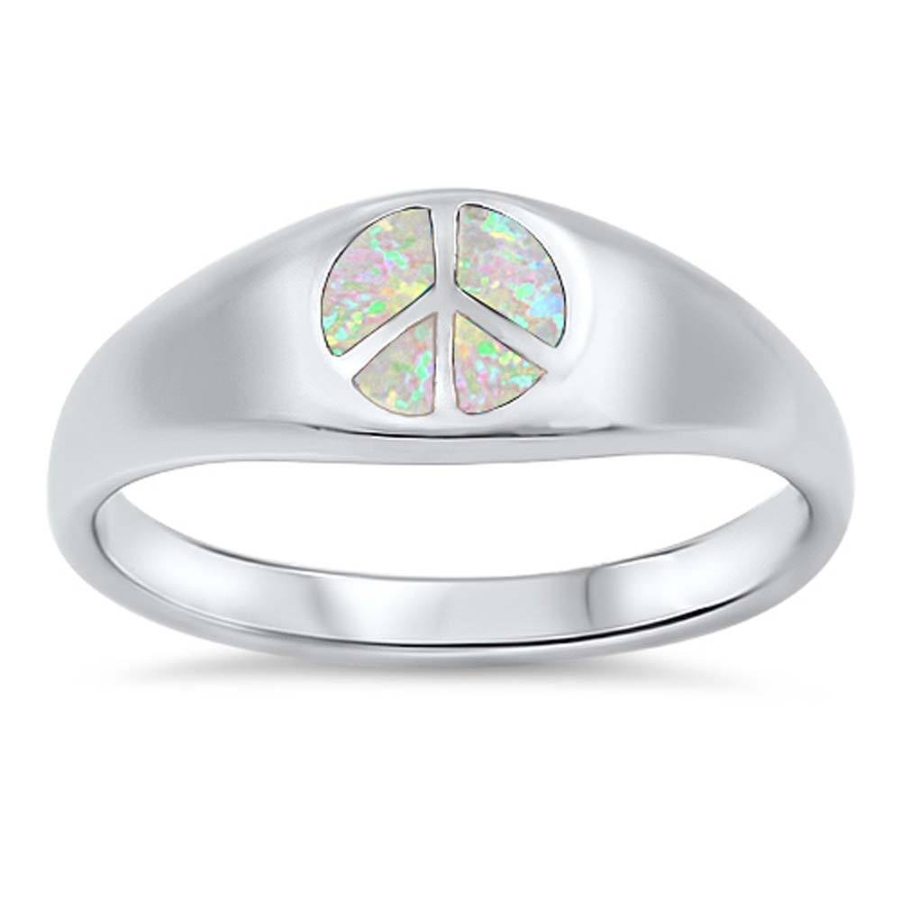 Sterling Silver Peace Sign Pink Lab Opal RingsAnd Face Height 7mmAnd Band Width 3mm