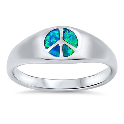 Sterling Silver Peace Sign Blue Lab Opal RingsAnd Face Height 7mmAnd Band Width 3mm