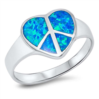 Sterling Silver Heart Peace Sign Blue Lab Opal RingsAnd Face Height 12mmAnd Band Width 2mm