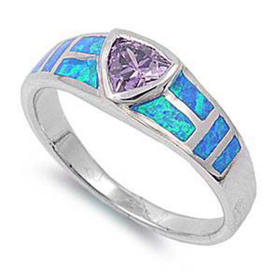 Sterling Silver Trillion Shape Blue Lab Opal Rings And Amethyst CZAnd Face Height 7mmAnd Band Width 2mm