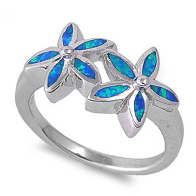 Sterling Silver Trendy Blue Lab Opal Double Plumeria Design with Face Height of 12MM