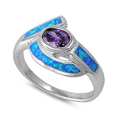 Sterling silver Stylish Sideway Amethyst CZ Oval Cut Bezel Set with Blue Lab Opal Inlay Fancy Band RingAnd Face Height of 15MM