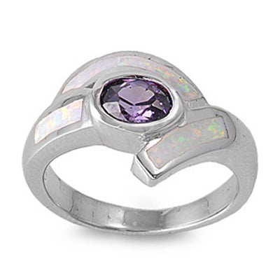 Sterling silver Stylish Sideway Amethyst CZ Oval Cut Bezel Set with White Lab Opal Inlay Fancy Band RingAnd Face Height of 14MM