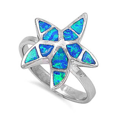 Sterling Silver Trendy Modish Starfish with Blue Lab Opal Mosaic Inlay Design RingAndFace Height of 18MM