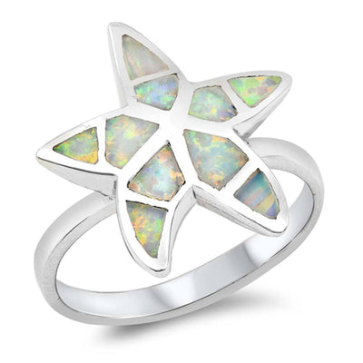 Sterling Silver Trendy Modish Starfish with White Lab Opal Mosaic Inlay Design RingAndFace Height of 18MM