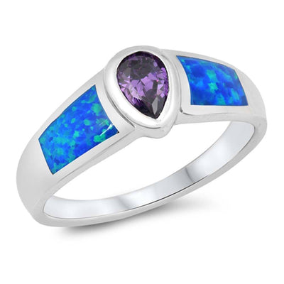 Sterling Silver Stylish Amethyst CZ Pear Shape Bezel Set with Blue Lab Opal Inlay RingAnd Face Height of 8MM