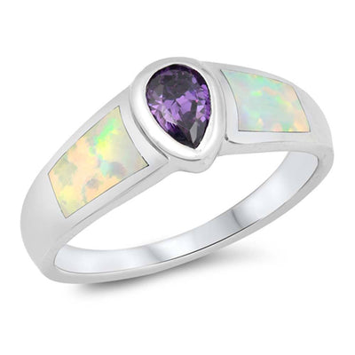 Sterling Silver Stylish Amethyst CZ Pear Shape Bezel Set with White Lab Opal Inlay RingAnd Face Height of 8MM