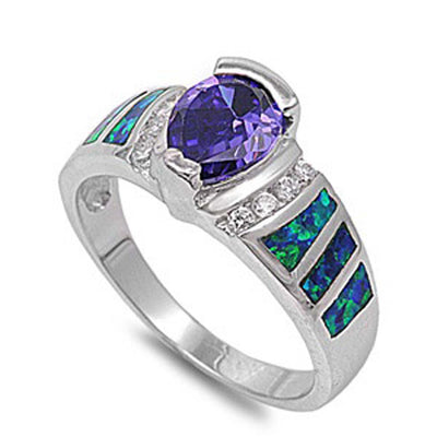 Sterling Silver Stylish Amethyst CZ Pear Shape with Clear CZ and Green Lab Opal Inlay RingAnd Face Height of 11MM