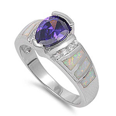Sterling Silver Stylish Amethyst CZ Pear Shape with Clear CZ and White Lab Opal Inlay RingAnd Face Height of 11MM
