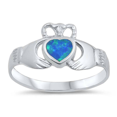 Sterling Silver Modish Claddagh with Blue Lab Opal RingAnd Face Height of 10MM
