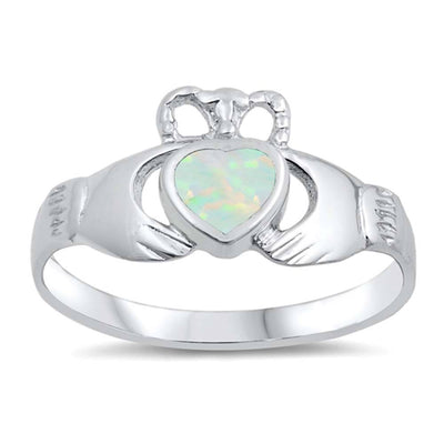 Sterling Silver Modish Claddagh with White Lab Opal RingAnd Face Height of 10MM
