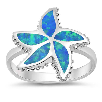 Sterling Silver Fancy Modish Starfish with Blue Lab Opal Inlay RingAnd Face Height of 18MM