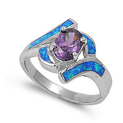 Sterling Silver Amethyst CZ Oval Cut with Blue Lab Opal Inlay Fancy Band RingAnd Face Height of 16MM