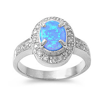 Sterling Silver Elegant Design Light Blue Lab Opal Oval Cut with Halo Clear CZ RingAnd Face Height of 15MM