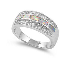 Load image into Gallery viewer, Sterling Silver Stylish White Lab Opal Inlay with Pave Clear CZ Thick Band RingAnd Face Height of 9MM