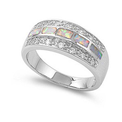 Sterling Silver Stylish White Lab Opal Inlay with Pave Clear CZ Thick Band RingAnd Face Height of 9MM