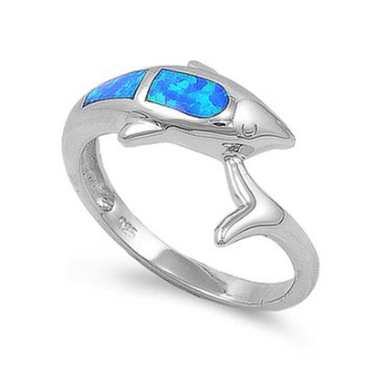 Sterling Silver Fancy Dolphin with Blue Lab Opal Inlay Band RingAnd Face Height of 8MM