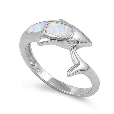 Sterling Silver Fancy Dolphin with White Lab Opal Inlay Band RingAnd Face Height of 8MM