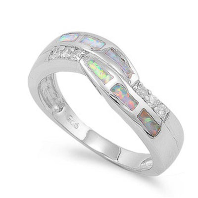 Sterling Silver Modish Solid Knot Style with Clear CZ and White Lab Opal Inlay Band RingAnd Face Height of 7MM
