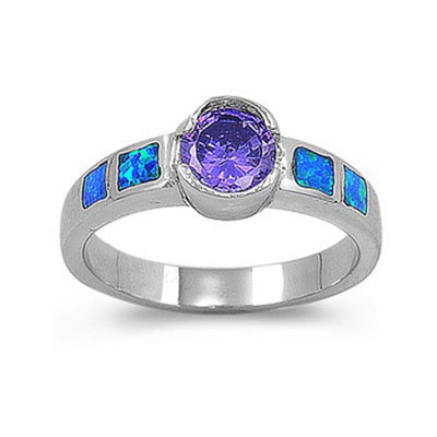 Sterling Silver Stylish Centered Round Amethyst CZ with Blue Lab Opal Inlay Band RingAnd Face Height of 7MM