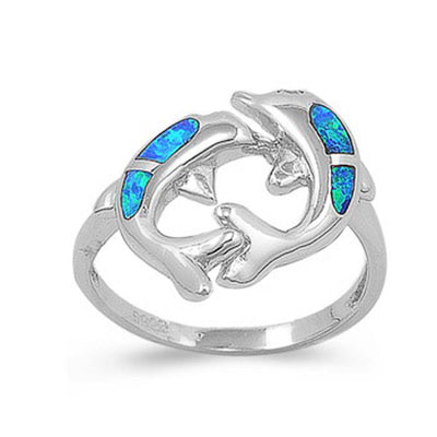 Sterling Silver Fancy Modish Double Dolphin Inlay with Blue Lab Opal RingAnd Face Height of 19MM