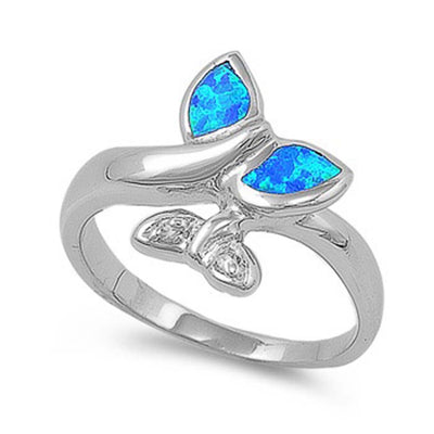 Sterling Silver Trendy Modish Whale Tail with Blue Lab Opal Design Bypass Band RingAnd Face Height of 14MM